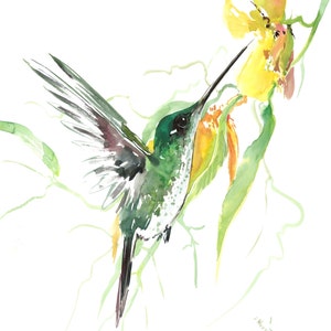 Watercolor Hummingbird artwork, original painting, soft colored birds and flowers home decor, wall art