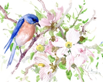 Bluebird and Dogwood Flowers watercolor artwork, original painting, hand-painted unique one-of-a-kind wall art