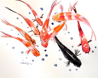 Feng Shui 9 Koi Fish handpainted, original watercolor artwork