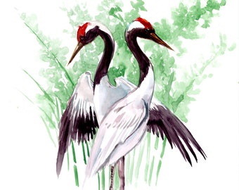 鶴のオリジナル水彩画、日本の鶴アート、鶴アート、雪の中の鶴、鶴、鶴
