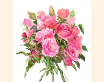 Pink Roses Artwork, an original watercolor painting by artist Suren