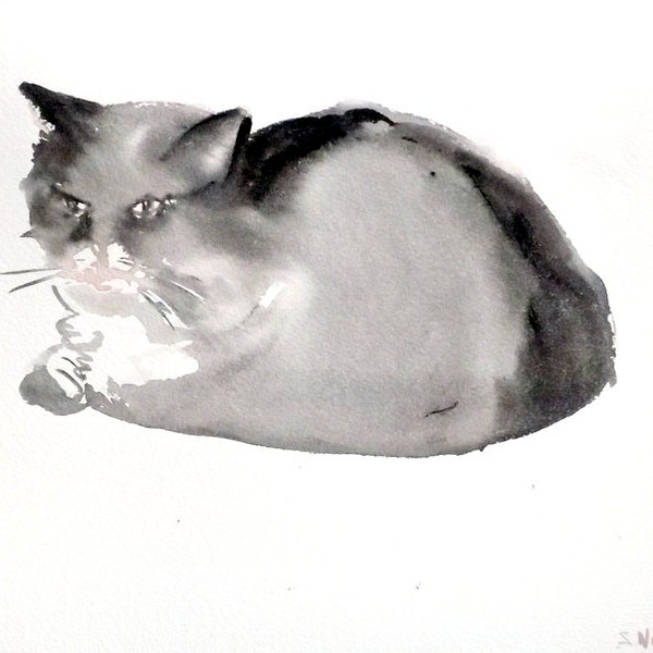 Katze, original Aquarell, Aquarell-Skizze, 12 X 9, Katze-Geliebte Kunst. Asiatischen Stil Aquarell