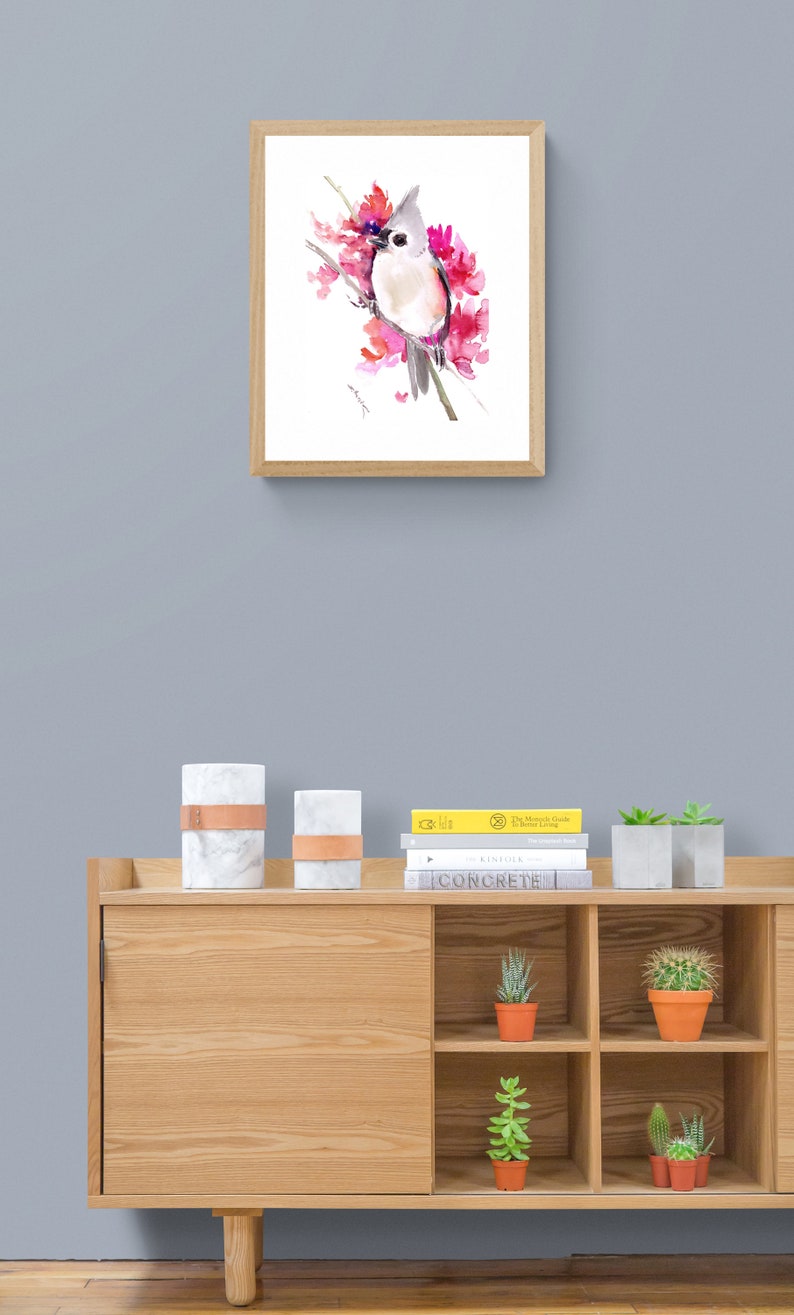 Titmouse and Pink Blooming Tree, Original Watercolor Birds and Flowers ...