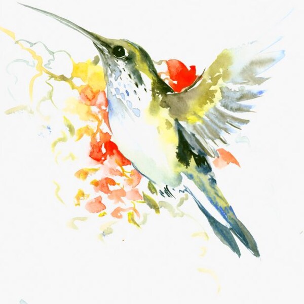 Flying Hummingbird art original watercolor one fo a kind gift  10 X 8 in