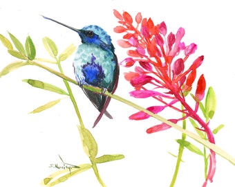 Hummingbird and flowers, original watercolor painting, hummingbird wall art, watercolor hummingbird painting