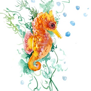 Seahorse Watercolor painting, original artwork, orange yellow seahorse wall art