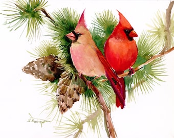 Cardinal Bird Pair on the Pine Tree artwork, original hand painted watercolor art