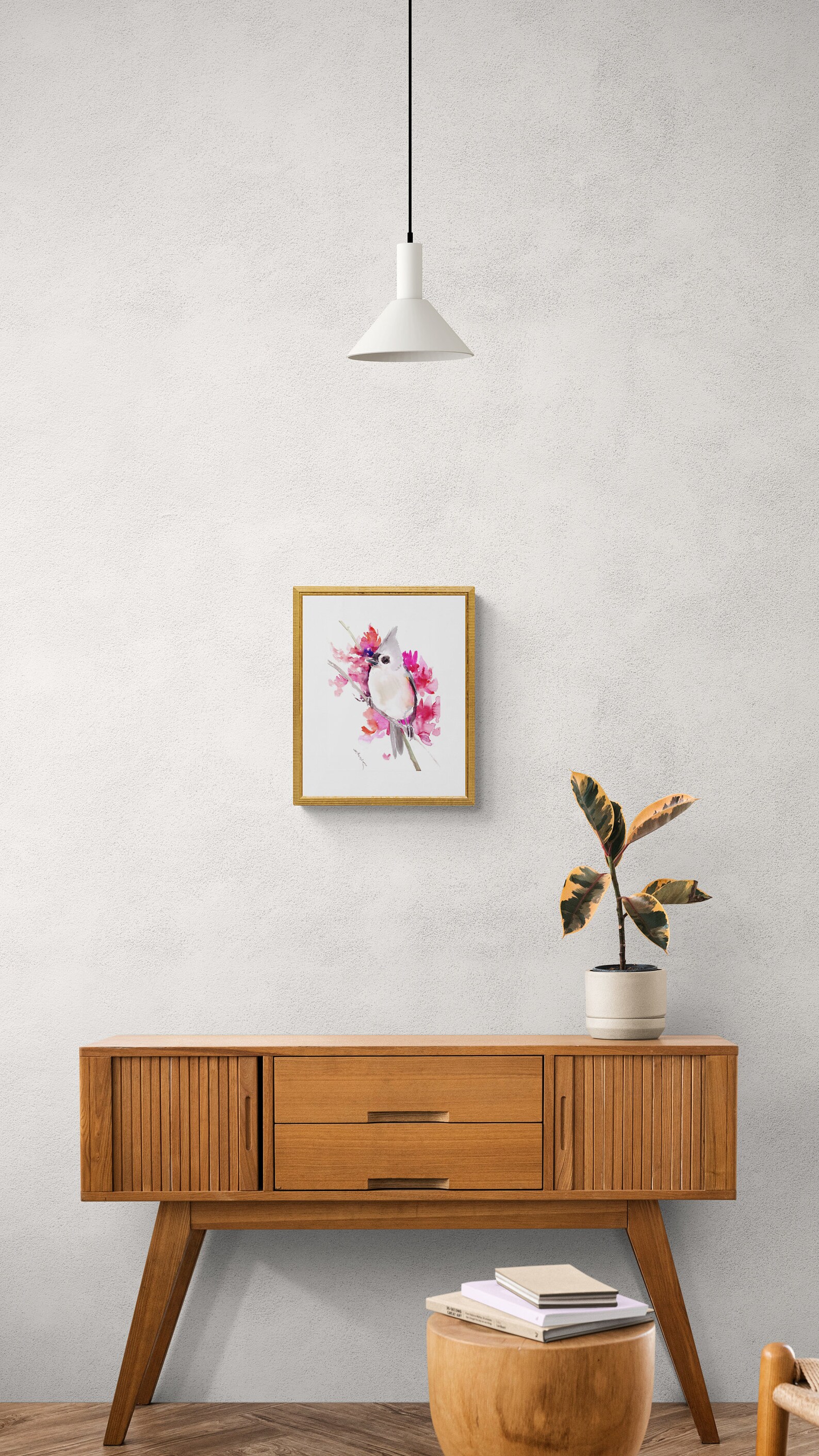 Titmouse and Pink Blooming Tree, Original Watercolor Birds and Flowers ...