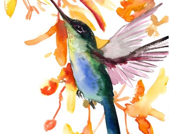 Hummingbird and Tropical Flowers- artwork, original, hand painted one of a kind watercolor painting of birds and flowers
