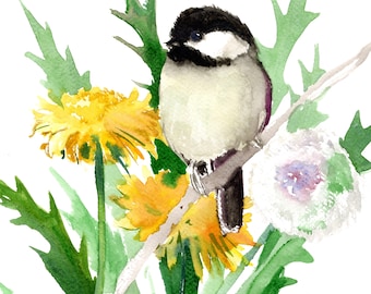 Chickadee and Dandelion Flowers, Watercolor birds and floral wall art home decor, original painting