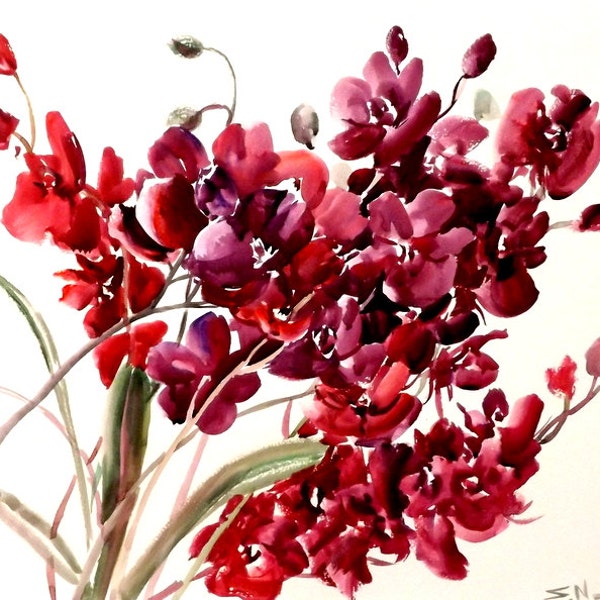 Dark Orchids, Original large watercolor painting, 24 X 18 in, dark red, deep red, deep purple orchids painting, flowers, impressionist