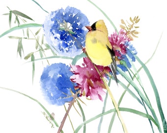 American Goldfinch and Flowers art, original painting by Suren