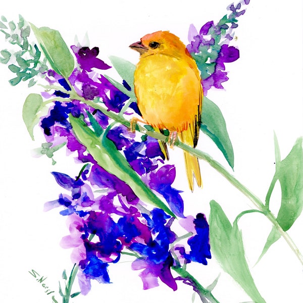 Saffron Finch and Purple Blue Flowers artwork, original watercolor painting