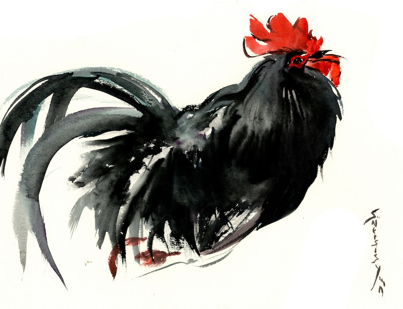 feng shui rooster Chinese ink art Black Rooster Asian INK art Zen Brush painting