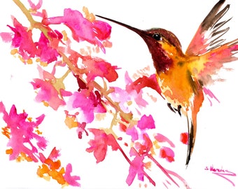 Hummingbird and tropical flowers artwork, original watercolor painting, orange coral red red-pink home decor, hand-painted professional art