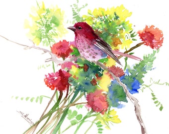 House finch and Wild Flowers, original watercolor painting, birds and flowers bright colored wall art
