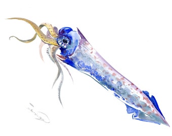Aquarell-Tintenfisch, Meerestier, Originalkunstwerk des Künstlers Suren