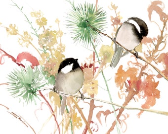 Chickadees in the forest, original watercolor artwork, by Suren Nersisyan