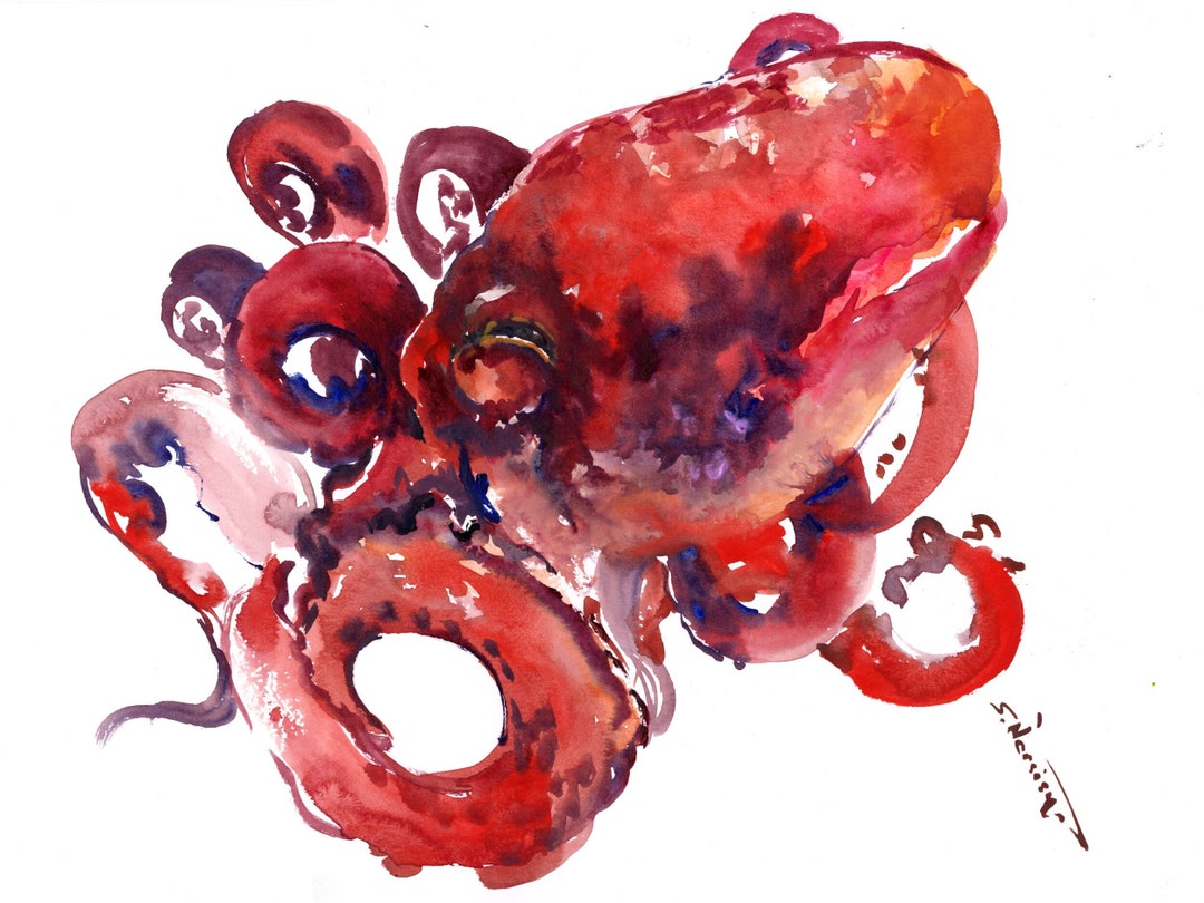 Red Octopus Artwork, Original Painting by Artist Suren - Etsy