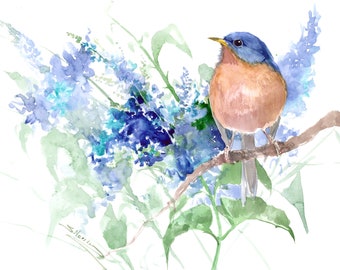 Bluebird and Wild Blue Flowers watercolor artwork, original watercolor painting, bird and flowers wall art