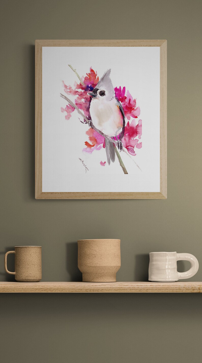 Titmouse and Pink Blooming Tree, Original Watercolor Birds and Flowers ...