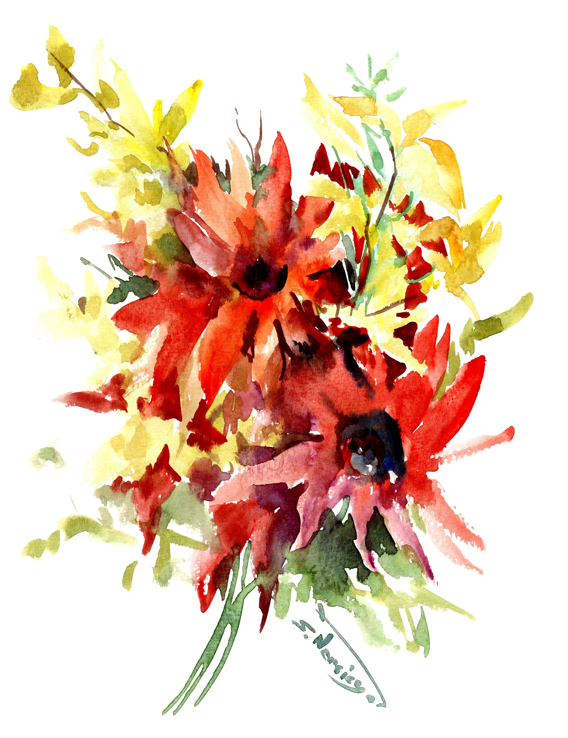 Red Yellow Flowers Original Watercolor Painting Etsy