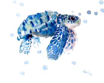 Kunstwerk „Blaue Meeresschildkröte“, ein Original-Aquarellgemälde des Künstlers Suren