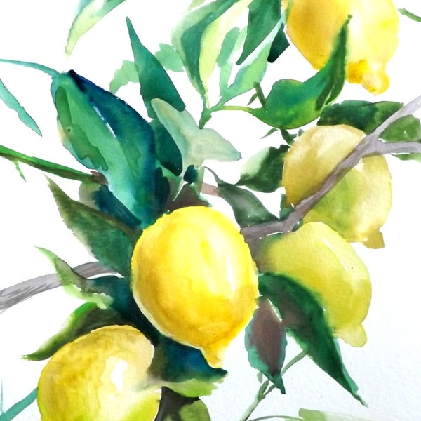 Lemons, Lemon tree, original watercolor painting, 12 X 9 in, oriignal art, fruits aRT, yellow, green, kitchen art