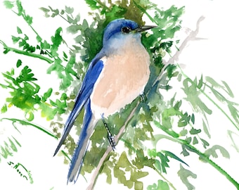 Bluebird in the Woods, original watercolor hand-painted artwork