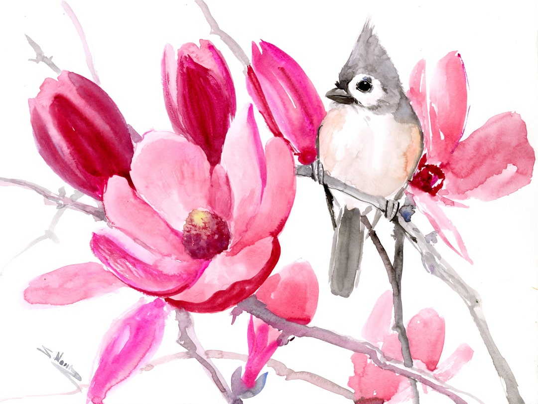 Titmouse and Pink Magnolia Art, an Original Painting by Suren - Etsy