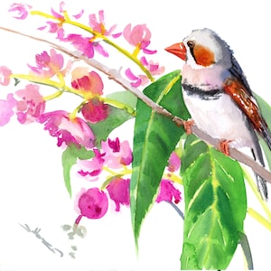 Zebra Finch Bird and Tropical Flowers, original, hand-painted one-of-a-kind watercolor art, birds and flowers home decor wall art