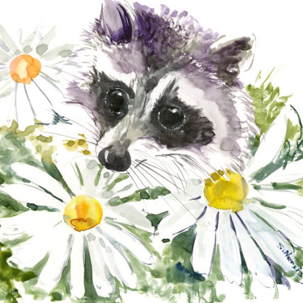 Animal Artwork, Raccoon Portrait, Daisies and Cute Animals, Original watercolor painting, 9 X 12 in, animal art, wildlife, brown wall art