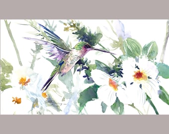 May include: Watercolor painting of a hummingbird in flight, depicted amidst white flowers and green foliage. The bird has iridescent green, purple, and red plumage. The artwork has a soft, airy feel, with delicate brushstrokes and a focus on natural beauty.