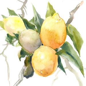 Lemon fruits on the tree artwork, original hand painted watercolor painting