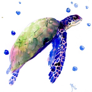 Original watercolor painting- Sea turtle under the sea. Hand-painted aquatic turtle illustration