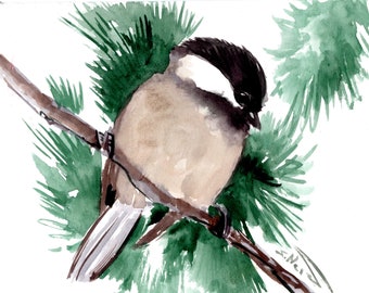 Chickadee artwork, original small watercolor painting