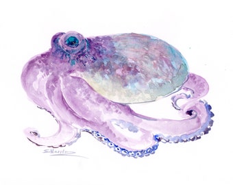 Octopus watercolor artwork, original painting, soft purple wall art