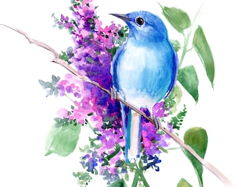 Mountain Bluebird and Lilac Flowers artwork, original watercolor birds and flowers art