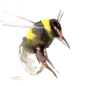 Bumblebee artwork, watercolor original painting, minimalist style hone bee lover wall art