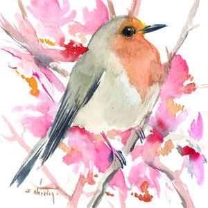 Robin Bird watercolor artwork, original small painting, home decor wall art