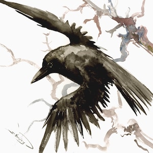 Crow flying in the woods, original watercolor artwork