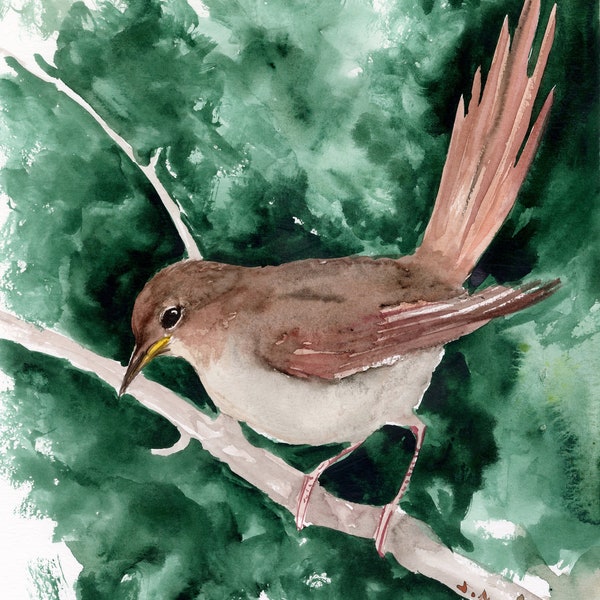 Nightingale dans la forêt, peinture originale à l'aquarelle, art mural oiseaux dans les bois, oeuvre d'art originale pour la maison peinte à la main