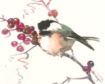 chickadee artwork, bird art watercolor painting, bird art, bird painting, original, watercolor, chickadee