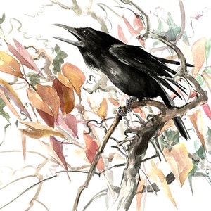 Raven in the Woods- artwork, original large watercolor painting