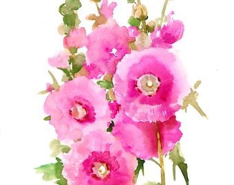 Pink Hollyhock flowers, original watercolor painting, pink flo\ral watercolor painting