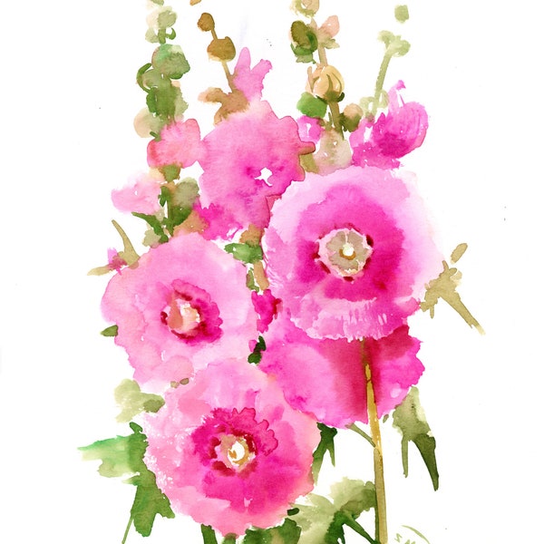 Pink Hollyhock flowers, original watercolor painting, pink flo\ral watercolor painting