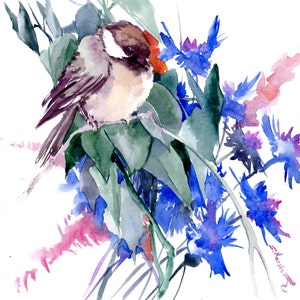 Chickadee Watercolor Painting, birds and flowers original art