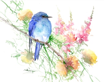 Mountain Bluebird and flowers original watercolor artwork, one-of-a-kind hand-painted wall art