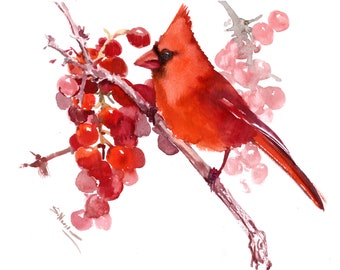 Watercolor Cardinal Bird Artwork, original, hand-painted, one-of-a-kind wall art