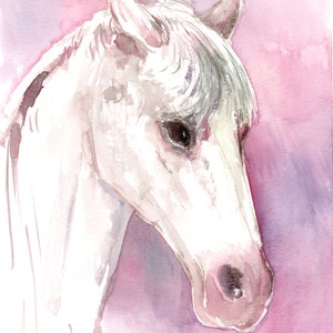 Oeuvre d'art de tête de cheval, aquarelle originale, décoration d'art mural cheval blanc